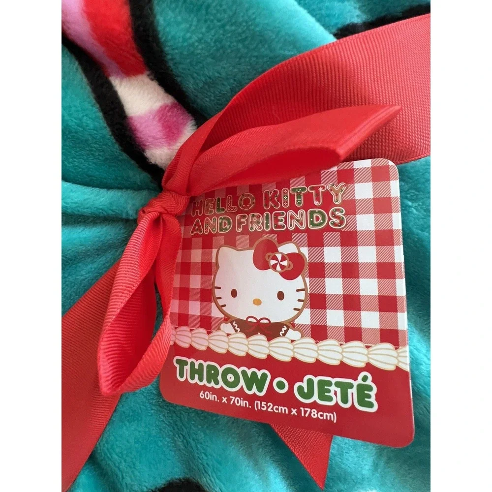 Hello Kitty Candy Cane Peppermint Teal Blue Christmas Plus Throw Blanket 60x70